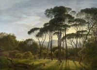 Gemälde einer italienischen Landschaft. Aus einer dramatischen Wolkendecke scheint Sonne zwischen Bäumen hindurch und wirft lange Schatten auf eine davor liegende Wiese.